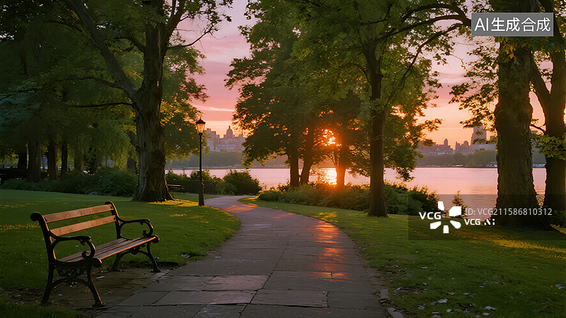 【AI数字艺术】金色的黄昏公园图片素材