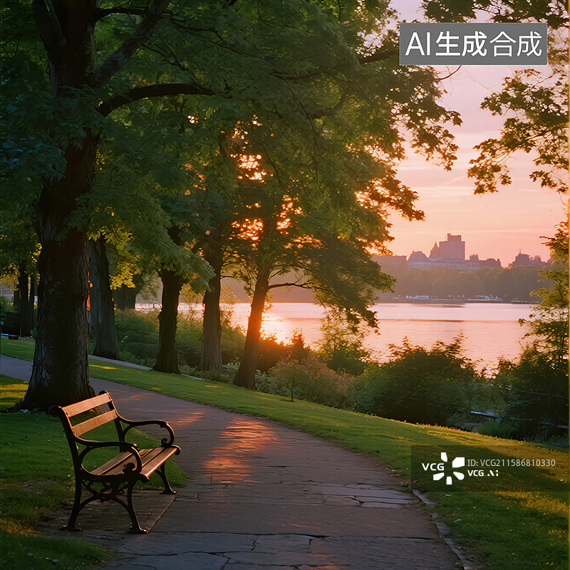【AI数字艺术】金色的黄昏公园图片素材