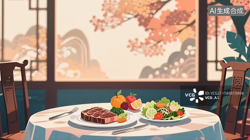 【AI数字艺术】餐馆牛排美食插画图片素材