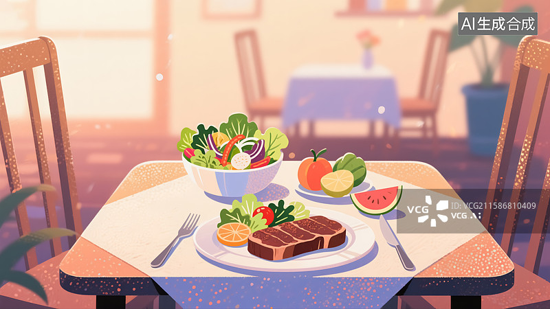 【AI数字艺术】餐馆牛排美食插画图片素材
