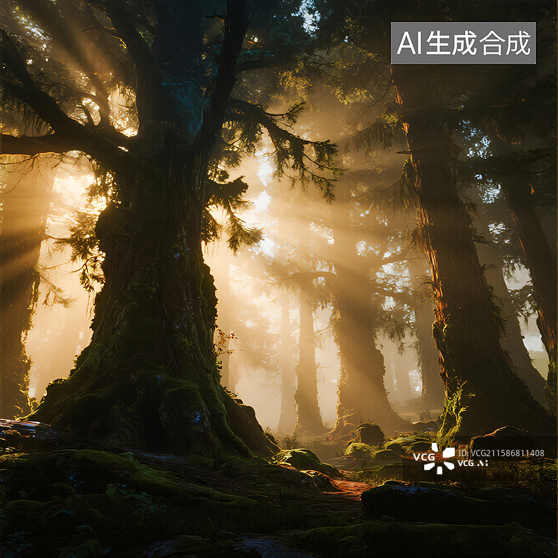 【AI数字艺术】光之秘境：穿林而过的金色圣光图片素材