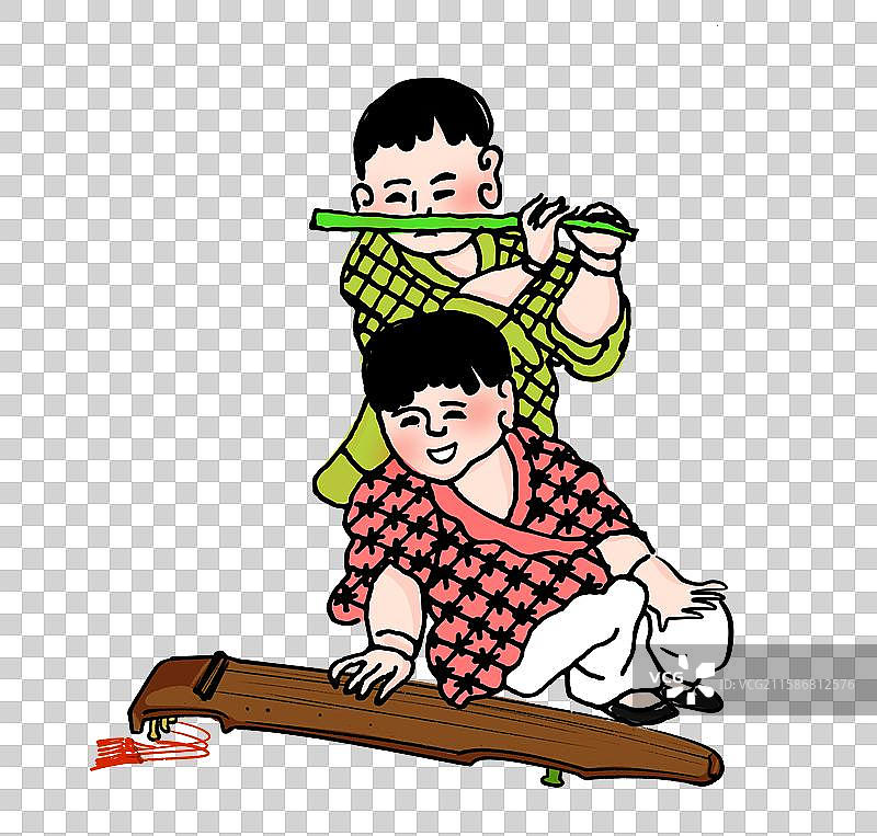 古代人物 儿童 插画 元素 古琴 吹箫 音乐 乐器 演奏图片素材