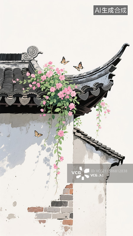 【AI数字艺术】中式建筑屋檐花丛蝴蝶风景插画图片素材