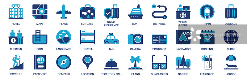 扁平双色实心图标的旅行图标集图片素材