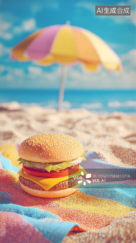 【AI数字艺术】海滩上的美味汉堡图片素材