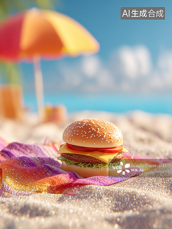 【AI数字艺术】海滩上的美味汉堡图片素材