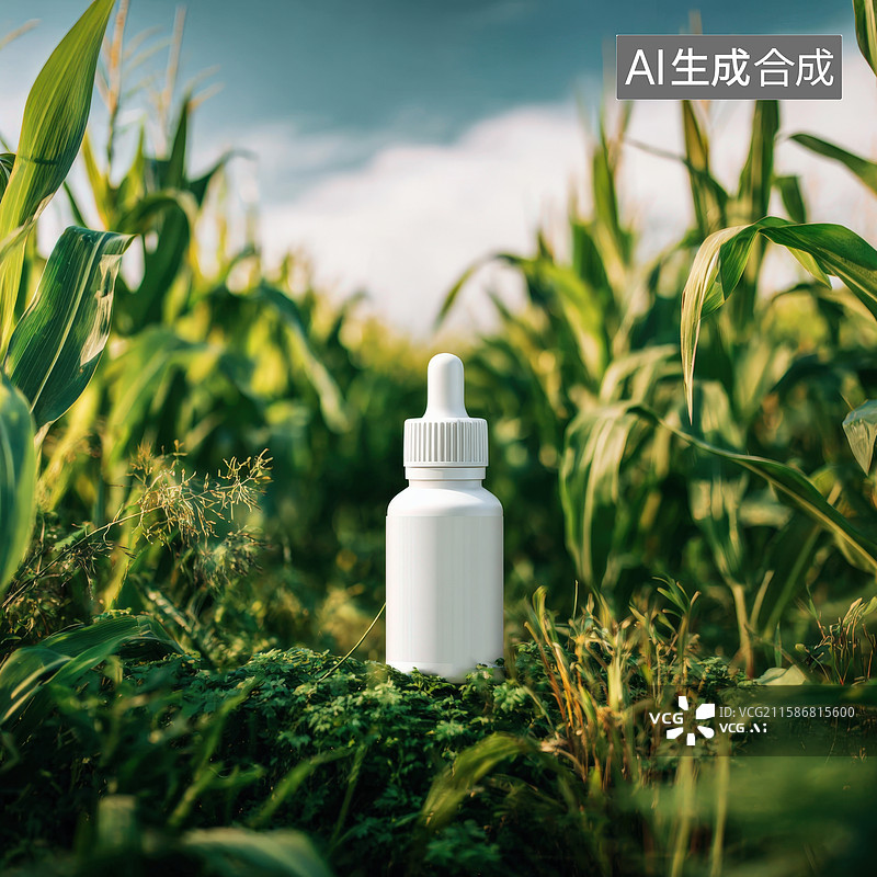 【AI数字艺术】白色瓶子在绿色玉米地里图片素材