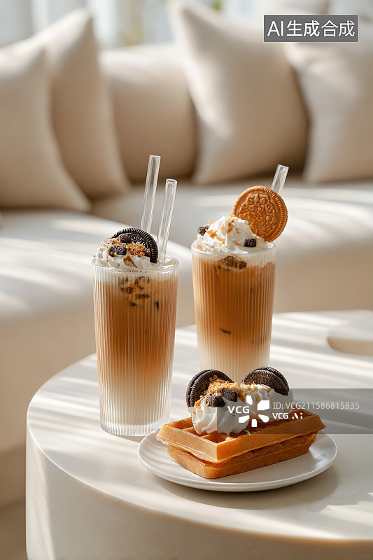 【AI数字艺术】两杯冰咖啡与曲奇饼图片素材
