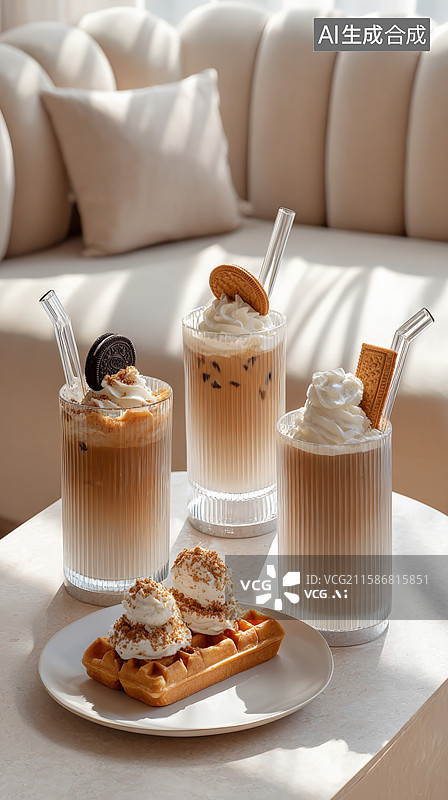 【AI数字艺术】现代咖啡馆的冰美式和华夫饼图片素材