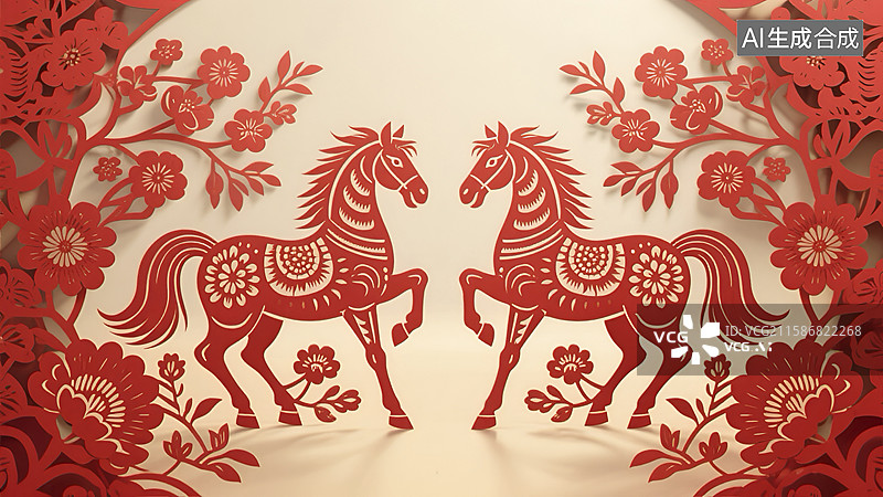 【AI数字艺术】中式剪纸风格双马花卉图案插画图片素材