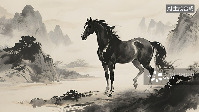 【AI数字艺术】水墨风格山水间骏马图图片素材