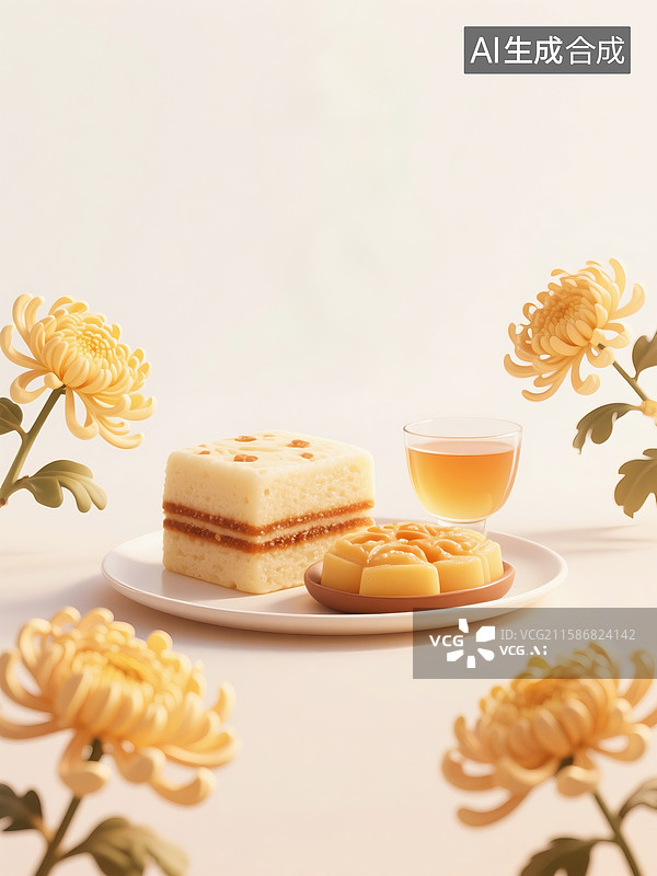 【AI数字艺术】重阳节食物菊花和重阳糕插画图片素材