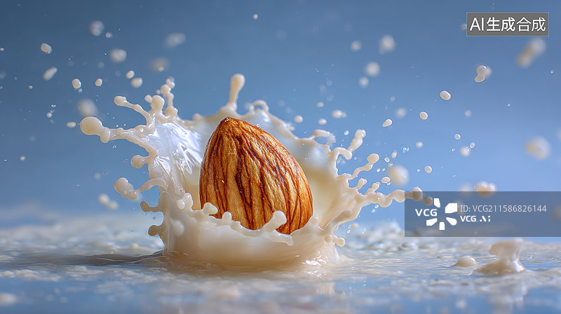 【AI数字艺术】杏仁落入牛奶溅起水花瞬间图片素材