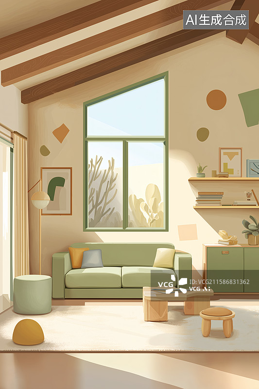 【AI数字艺术】温馨卡通风格客厅室内场景图片素材