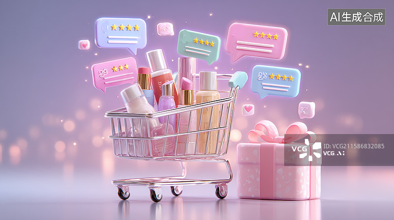 【AI数字艺术】购物车中的化妆品与礼物盒图片素材