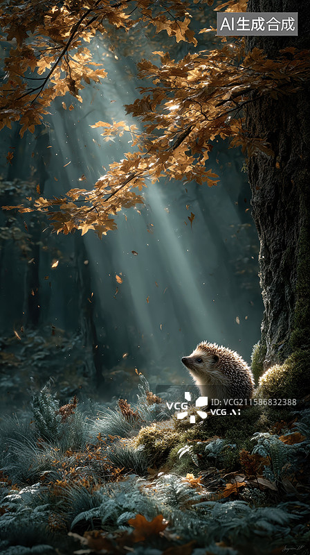 【AI数字艺术】阳光穿透林间，刺猬静憩于落叶之上图片素材