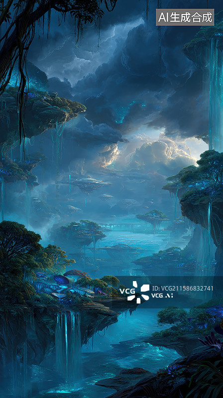 【AI数字艺术】幽蓝森林中的神秘河流图片素材