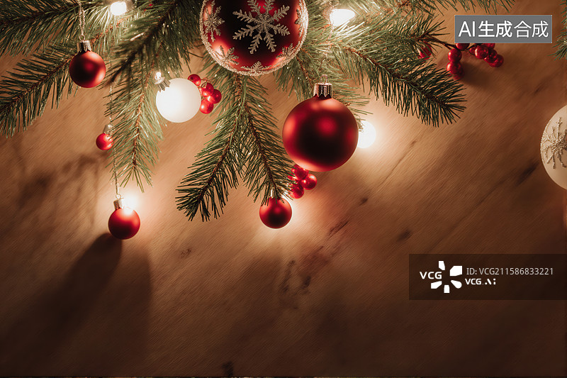 【AI数字艺术】圣诞树枝挂饰与温暖灯光图片素材