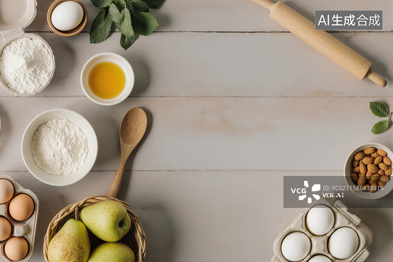【AI数字艺术】烘焙食材与工具的静物布置图片素材