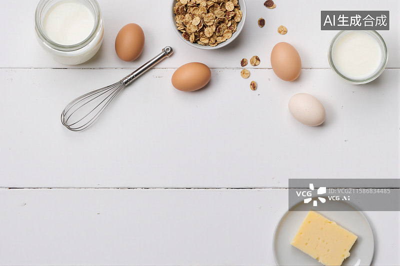 【AI数字艺术】烘焙原料整齐摆放于白色桌面图片素材
