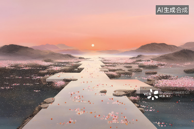【AI数字艺术】石板路花海远山云雾风光图图片素材