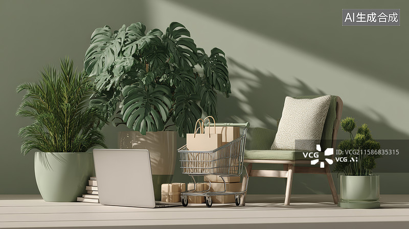 【AI数字艺术】室内摆放着的购物车内放着物品图片素材