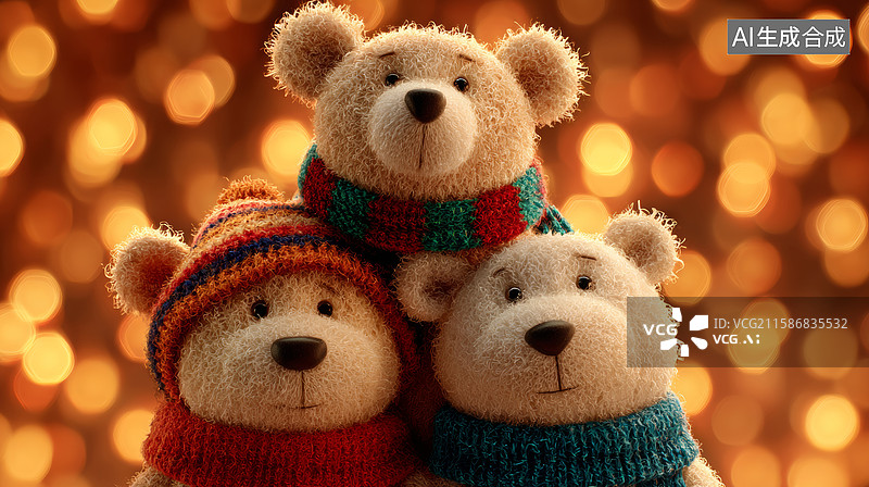 【AI数字艺术】三只戴围巾帽子的毛绒熊图片素材
