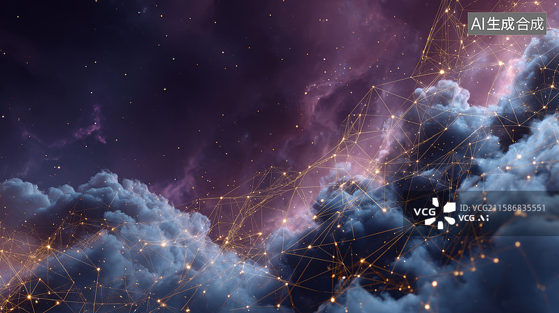【AI数字艺术】宇宙中金色网络和云朵交织图片素材
