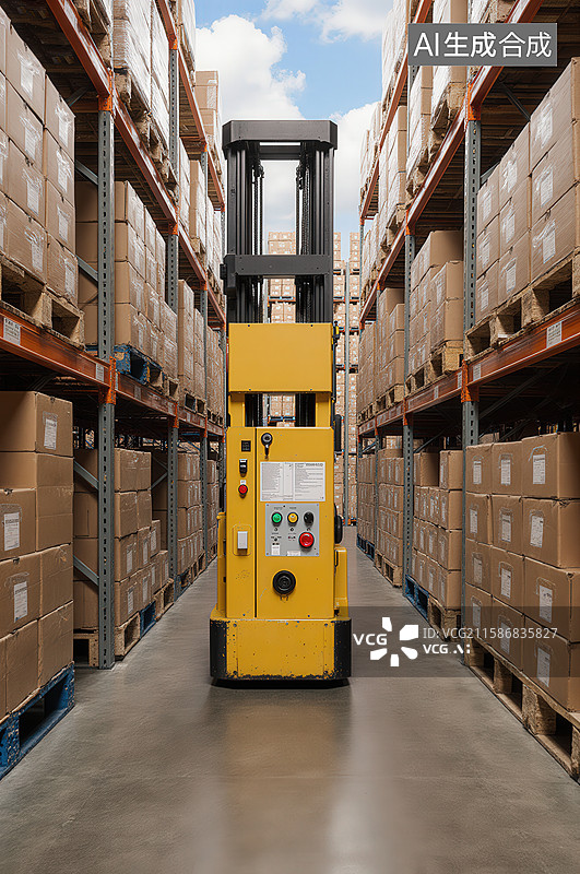 【AI数字艺术】仓库中的黄色叉车图片素材