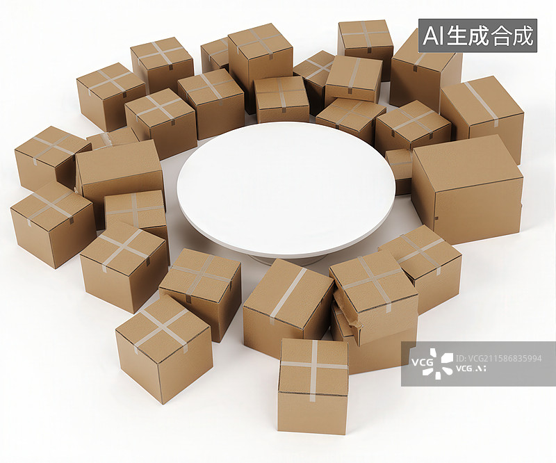 【AI数字艺术】纸箱环绕的白色圆盘图片素材