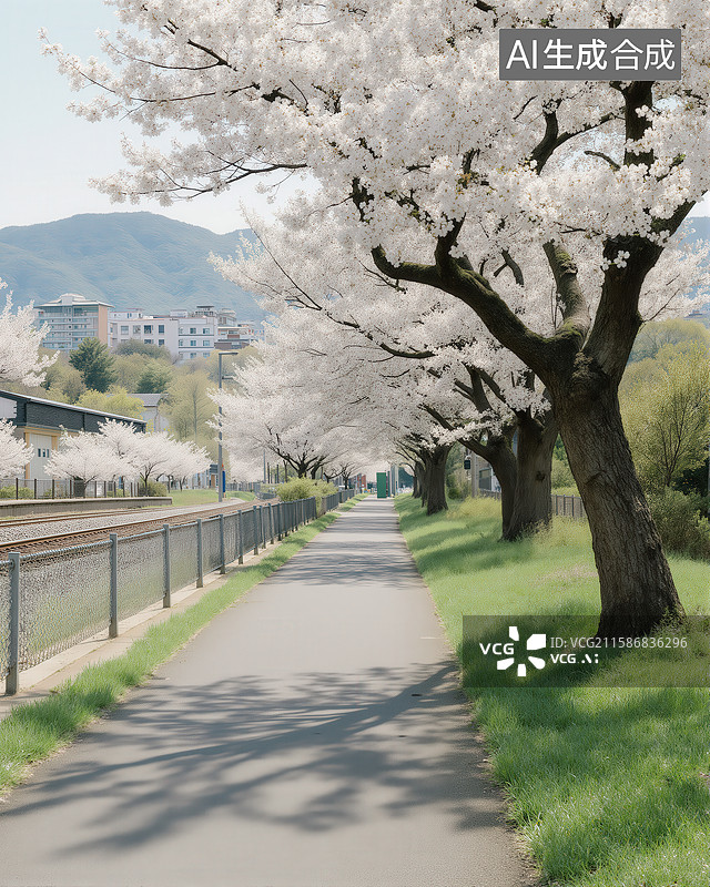 【AI数字艺术】樱花树下的小径图片素材