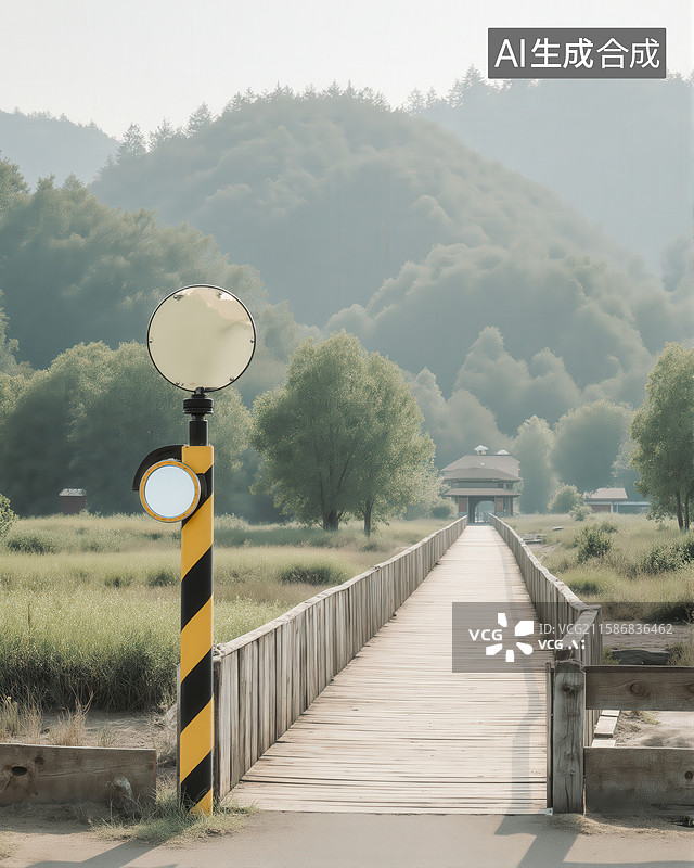 【AI数字艺术】木质长桥连接自然与村落图片素材