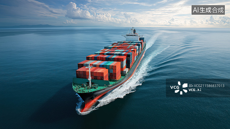 【AI数字艺术】集装箱货轮航行在平静海面上图片素材