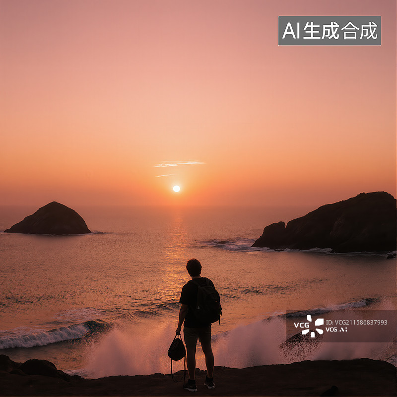 【AI数字艺术】海边日落，一人静观图片素材