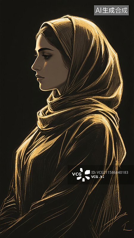 【AI数字艺术】金色轮廓的头巾女性侧脸图片素材