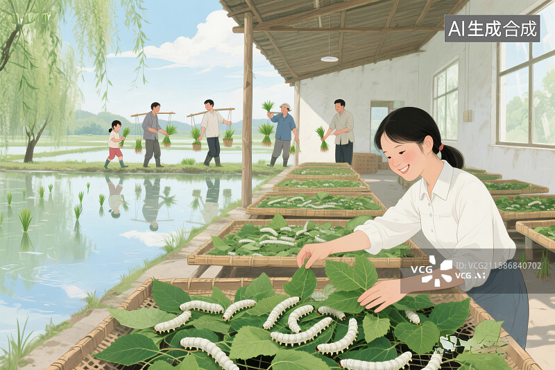 【AI数字艺术】稻田中的秧苗，忙碌的村民，一名女子在用桑叶养蚕图片素材