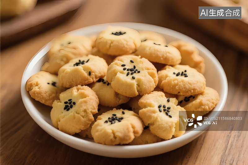 【AI数字艺术】白色瓷盘中装着满满的桃酥，桃酥上面撒着芝麻图片素材