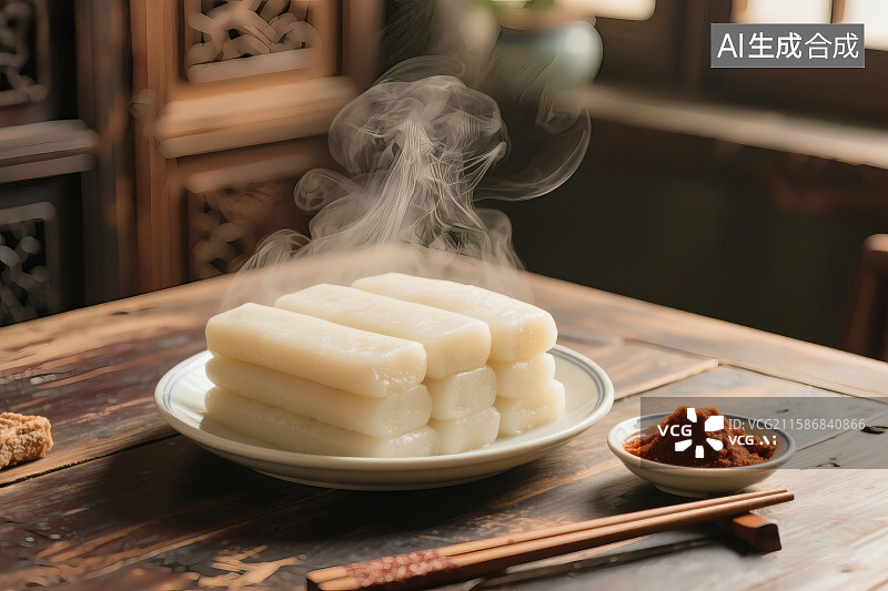 【AI数字艺术】一盘冒着热气，新鲜出炉的年糕，旁边小碟子中的红糖图片素材