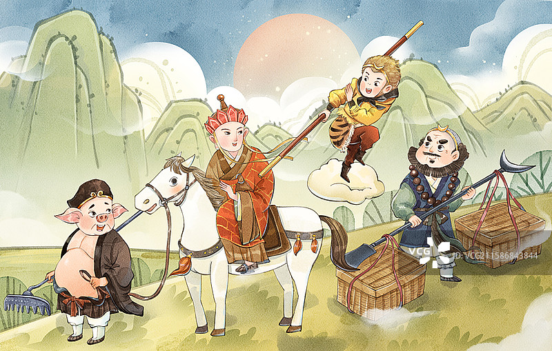 手绘水彩西游记之师徒四人取经插画图片素材