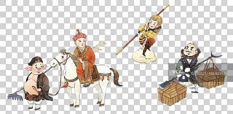 手绘水彩西游记之师徒四人取经免抠元素图片素材