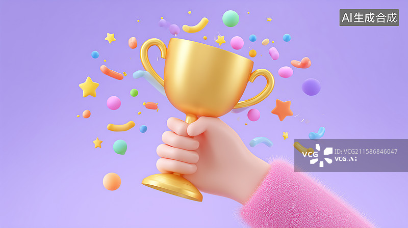 【AI数字艺术】3D手举奖杯庆祝插画图片素材