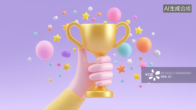 【AI数字艺术】3D手举奖杯庆祝插画图片素材