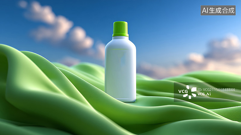 【AI数字艺术】绿色布料上摆放的白色柔顺剂瓶图片素材