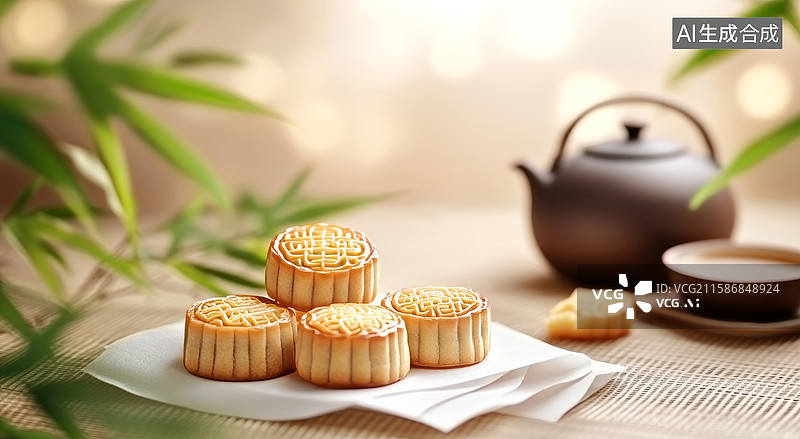 【AI数字艺术】中秋节月饼和茶图片素材