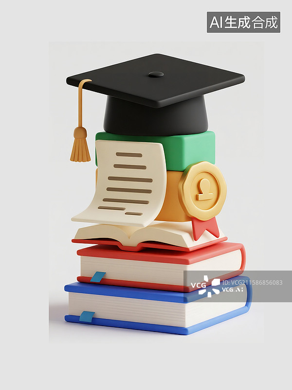 【AI数字艺术】学习成就象征堆叠学士帽书籍图片素材