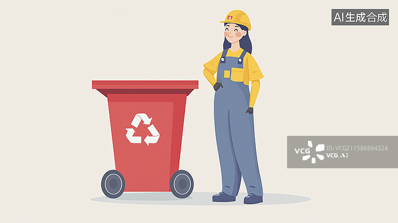 【AI数字艺术】女性环卫工站在回收垃圾桶旁图片素材