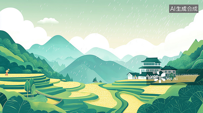 【AI数字艺术】山水田园雨季耕作图图片素材