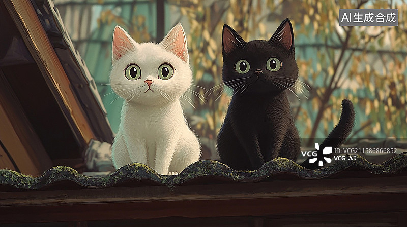 【AI数字艺术】屋顶上的黑白猫咪图片素材