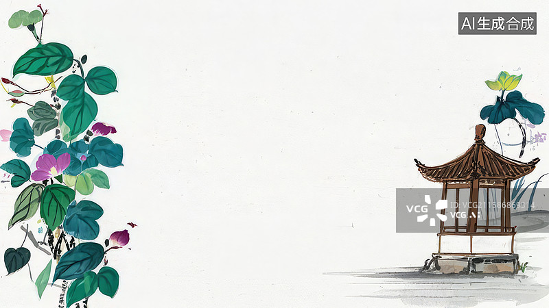 【AI数字艺术】水墨画两侧-水墨画背景壁纸1古典亭台与绿植花卉的和谐画面图片素材