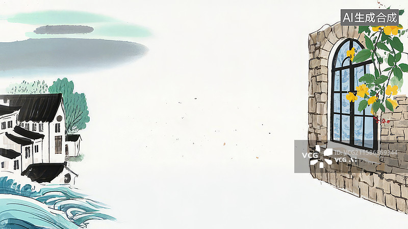 【AI数字艺术】水墨画两侧-水墨画背景壁纸1乡村石窗与海边房屋的宁静景象图片素材